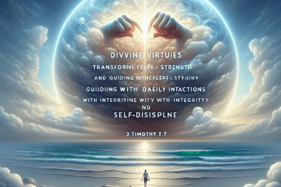 Título del artículo: Explorando 2 Timoteo 1:7: Fortaleza, Amor y Autodisciplina Divinos. Meta Descripción del artículo: Descubre el profundo significado de 2 Timoteo 1:7, un versículo que enfatiza el poder, amor y dominio propio que Dios otorga, y cómo aplicarlo en la vida diaria.. Etiquetas del artículo: #2Timoteo1_7 #EspirituDePoder #VidaCristiana. Excerp del artículo: 2 Timoteo 1:7 ofrece una poderosa visión de una vida plena: repleta de poder, amor y dominio propio. Explora cómo estas virtudes divinas pueden transformar los miedos en fortaleza y guiar nuestras interacciones diarias con integridad y compasión..